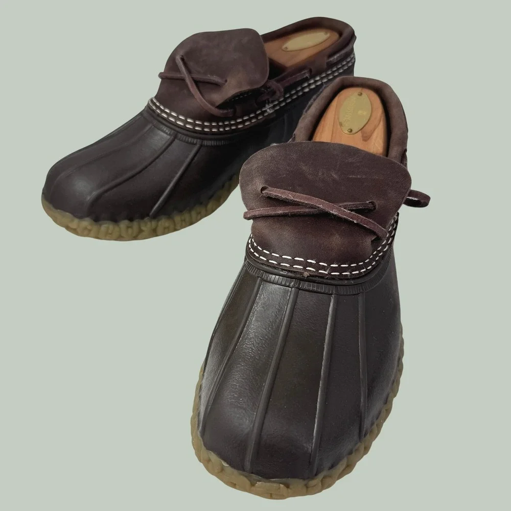 L.L. Bean Rubber Moc Women 6.5 Brown Leather Slip On Duck Boot Waterproof Rain